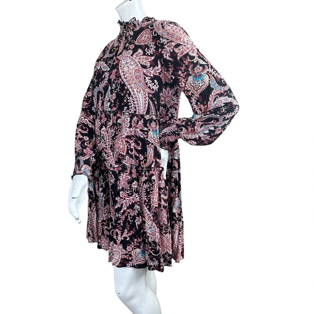 Anthropologie “Cady” Black Paisley Print Long Sleeve Mockneck Babydoll Dress XS